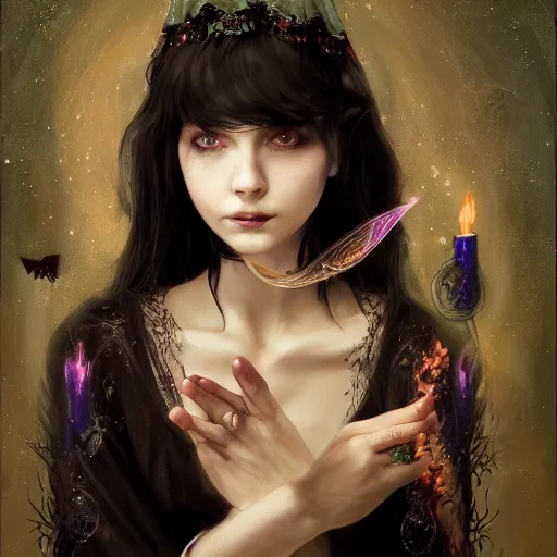 Prompt: Portrait of a young gorgeous witch making magic with her hands, eeries, mystical, intricate, by Wlop, high details