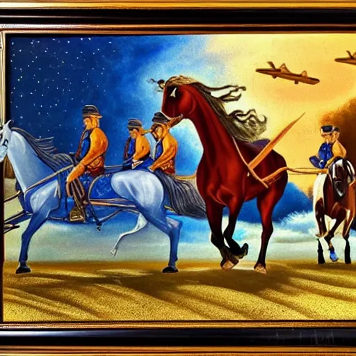 Image similar to portrait of a great plane with horsemen riding through, by Bob Ross