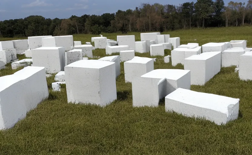 Prompt: color image, five!!!!! identical large white concrete blocks, empty grassy plain
