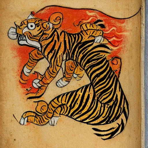 Image similar to bad drawn tiger made of smoke, lava and fire flying in the sky with many legs in a medieval manuscript, medieval manuscript, golden miniatures