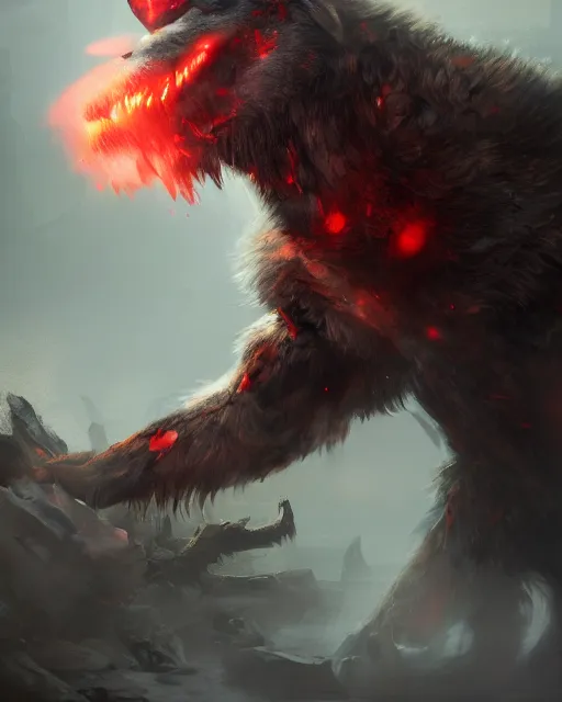 Image similar to oil painting of Angry Anthropomorphized Wolf Berserker, wearing red fur, claws, sharp focus, attack pose, fantasy style, octane render, volumetric lighting, 8k high definition, by greg rutkowski, highly detailed, trending on art Station, burning Battlefield background, centered