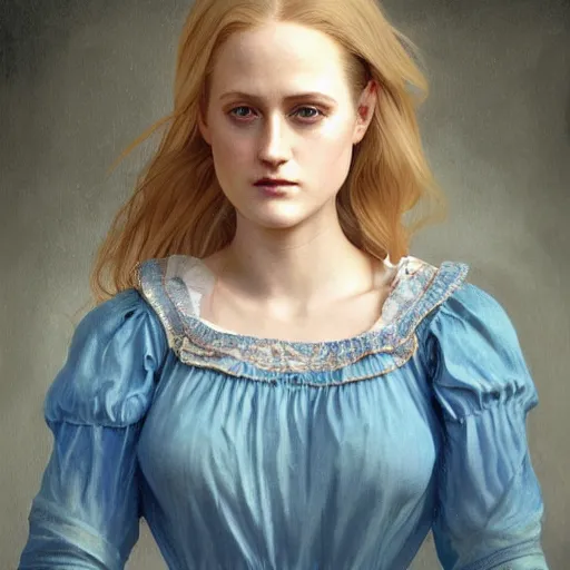 Prompt: full figure ultra realistic illustration, evan rachel wood wearing a maiden blue dress, blonde flowy hair, old west, intricate, elegant, highly detailed, digital painting, artstation, concept art, smooth, sharp focus, illustration, art by artgerm and greg rutkowski and alphonse mucha