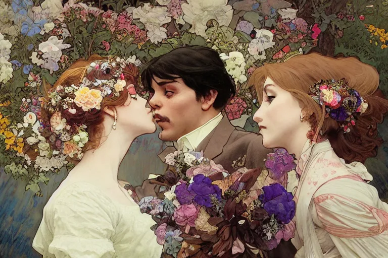 Image similar to the groom kisses the bride at a wedding full of flowers, bright and happy, dreamlike art, highly detail, 4 k realistic, wedding photoy krenz cushart. artem demura. alphonse mucha. yoji shinkawa artgerm. jon lothian. danilo torres. adi meyers. thomas reimann. gaston bussiere.