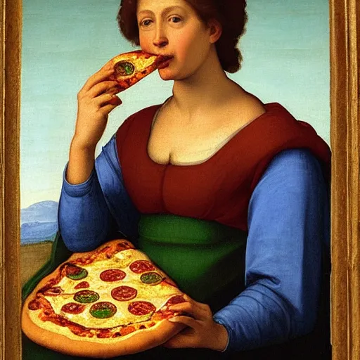 Prompt: a raphael painting of a woman eating a pizza