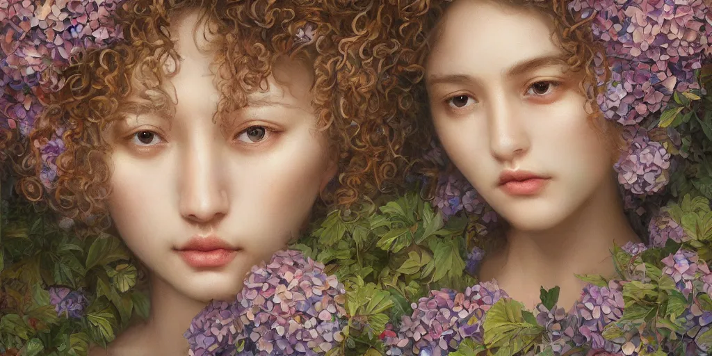 Image similar to breathtaking detailed concept art painting portrait of the goddess of hydrangea flowers, carroty curly hair, orthodox saint, with anxious piercing eyes, ornate background, amalgamation of leaves and flowers, by hsiao - ron cheng, extremely moody lighting, 8 k