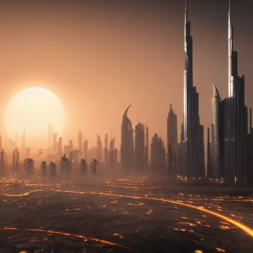 Image similar to detailed concept art of a great dragon presiding over the city of Dubai, the sun over a metropolis with the citizens looking upward in fear, darkness. Fire, stunning volumetric light, sunset, metal, concrete and translucent material, debris, trending on Artstation, 8k, photorealistic, hyper detailed, unreal engine 5, IMAX quality, cinematic, epic lighting,