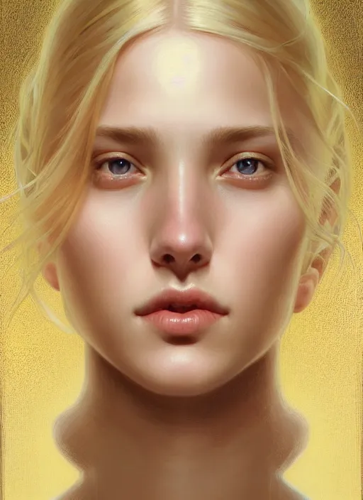 Image similar to symmetrical beautiful face, portrait of young woman blessed by god with ever - increasing physical and mental perfection, blonde hair, perfect face!! intricate, elegant, highly detailed, vision of holy perfection!! smile, digital painting, artstation, concept art, smooth, sharp focus, illustration, art by artgerm and greg rutkowski and alphonse mucha