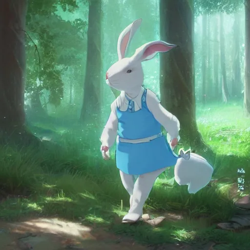 Image similar to concept art painting of a chubby white rabbit wearing a turquoise dress, in the deep forest, realistic, detailed, cel shaded, in the style of makoto shinkai and greg rutkowski and james gurney