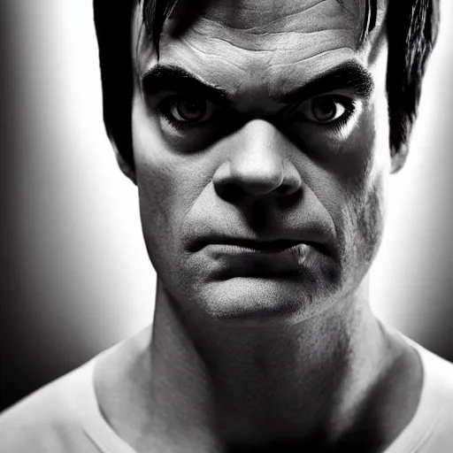 Image similar to Bill Hader as the Incredible Hulk, symmetrical, scowling, studio lighting, depth of field, photography, black and white, highly detailed