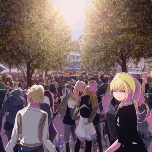 Image similar to blonde - haired princess, anime princess, wearing black jacket and white leggings, looking through crowd, town street, festival street, trees, green trees, blue lighting, blue sunshine, strong lighting, strong shadows, vivid hues, ultra - realistic, sharp details, subsurface scattering, intricate details, hd anime, 2 0 1 9 anime