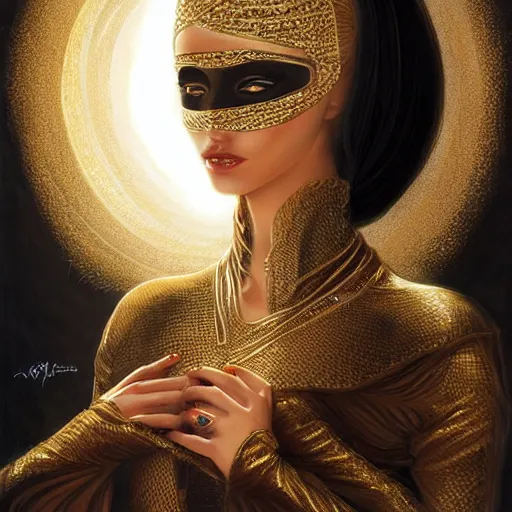 Image similar to a full body beautiful woman wearing a niqab made of silk with golden jewelry and diamonds by alex gray and android jones, karol bak, ayami kojima, arabian, concept art, fantasy