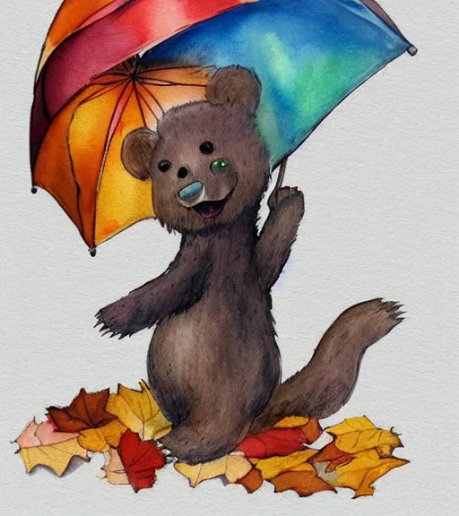 Image similar to autumn a bear with an umbrella cartoon watercolor trending on artstation