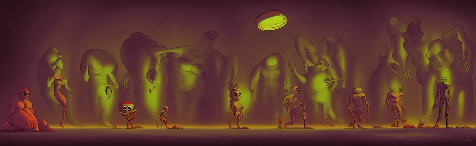 Image similar to uncanny repressed mutants from the depths of a vast wasteland in the collective unconscious, dramatic lighting, surreal dark 1 9 3 0 s fleischer cartoon characters, surreal painting by ronny khalil