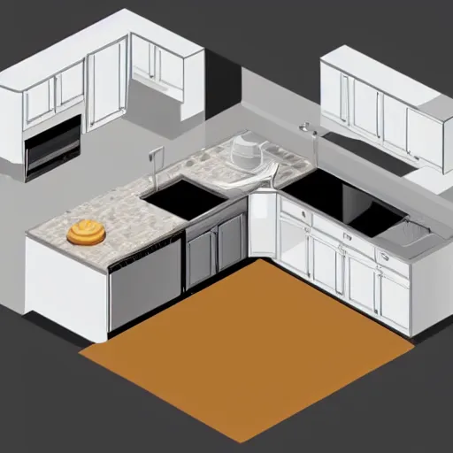 Prompt: isometric view of a kitchen inside a large house