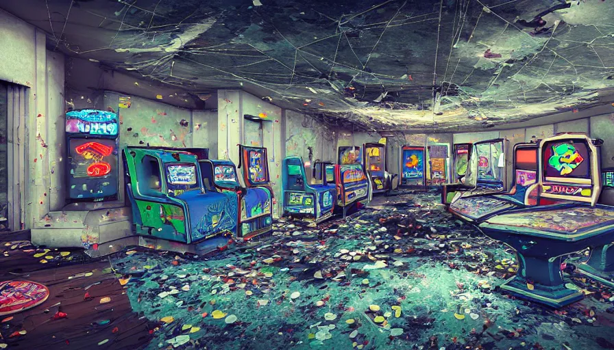 Prompt: abandoned 9 0's arcade room, cobwebs, dust, particles, dusty, arcade machines, hyperdetailed, artstation, cgsociety, 8 k