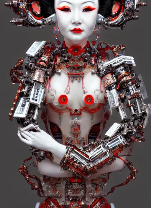 Image similar to portrait of a organic seductive cybernetic latex geisha mecha, imari, modern fine art, fractal, in the style of ghosts in the machine, intricate ornaments, elegant, highly detailed, digital photography, subsurface scattering, by greg rutkowski,