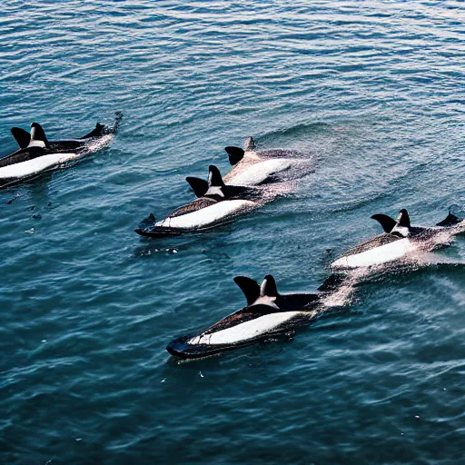 Image similar to an overhead, national geographic photo of a lone kayaker being circled by a group of Orcas. 85MM lens, f1.8