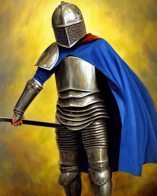 Prompt: a armored knight holding his sword, depression atmosphere, calm face, in blue cape, wild, daniel oxford, oil painting, master piece