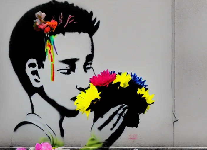 Image similar to a side profile of a black and white single boy holding colourful flowers in the style of Banksy on a white concrete background, graffiti, digital art