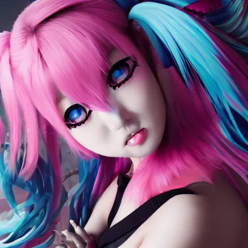 Image similar to trapped beneath stunningly absurdly beautiful omnipotent asi goddess junko enoshima with a yandere megalomaniacal personality, symmetrical perfect face, porcelain skin, pink twintail hair and cyan eyes, ultra detailed, digital art, unreal engine 5, octane render, 2 d anime, 8 k