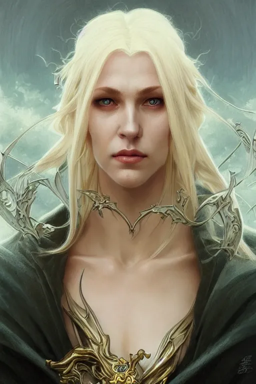 Image similar to portrait of an old blonde elven mage, dark, piercing eyes, gentle expression, elegant clothing, photorealistic, highly detailed, artstation, smooth, sharp focus, art by michael whelan, artgerm, greg rutkowski and alphonse mucha