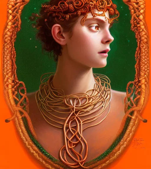 Image similar to portrait of teenage medusa, snake hair, naughty smile, wearing an embroidered orange tunic, intricate, elegant, copper and emerald jewelry, glowing lights, highly detailed, digital painting, artstation, concept art, smooth, sharp focus, illustration, art by wlop, mucha, artgerm, and greg rutkowski