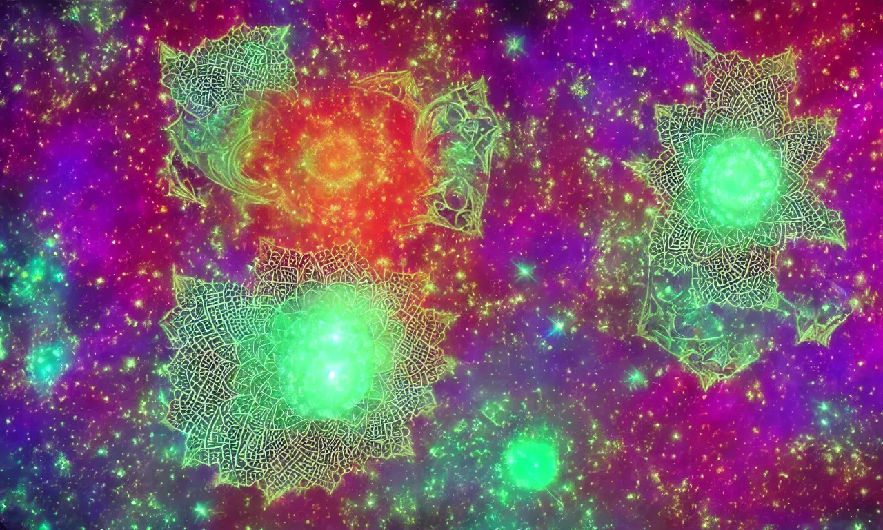 Prompt: fractal mandala nebula psy trip hologram color an ancient white bone and emerald gemstone relic, intricate engraving concept art style