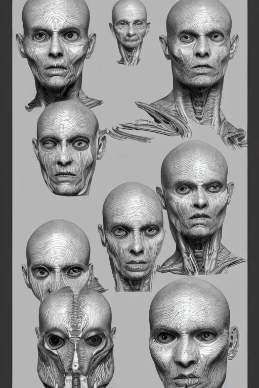 Image similar to latin facial anatomy with gunmetal grey skin, medical anatomy, very symmetrical face, highly detailed, three - perspective / three - view reference sheet ( front / back / side ), in the style of dan ouellette, steven jung, amanda lilleston, hr giger, sil from species, dren from splice, mecha, artstation, unreal engine