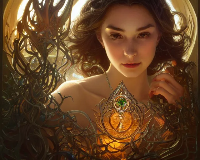 Image similar to shop window for magical rings, close up ring, magic ring, deep focus, d & d, fantasy, intricate, elegant, highly detailed, digital painting, artstation, concept art, matte, sharp focus, illustration, hearthstone, art by artgerm and greg rutkowski and alphonse mucha