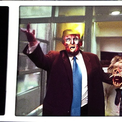 Image similar to polaroid movie still of zombie donald trump eating tucker carlson on foxnews,