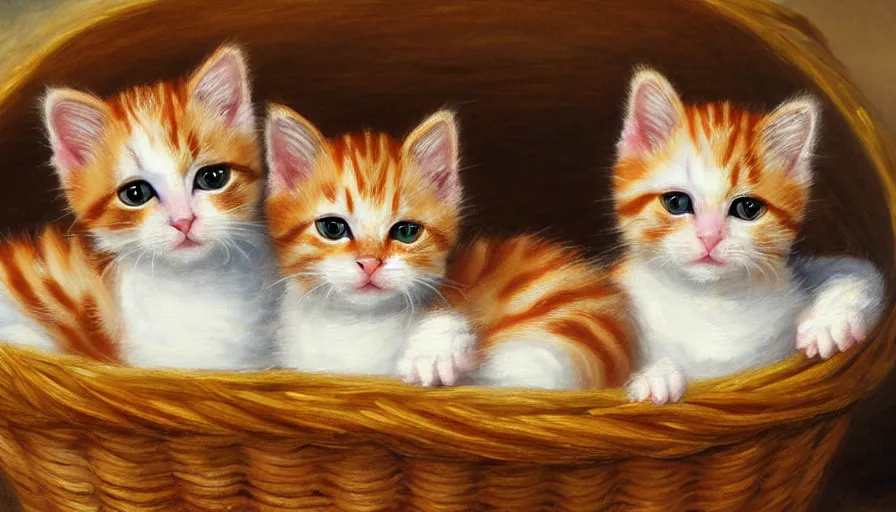 Image similar to highly detailed painting of cute furry calico and ginger tabby kittens cuddled up in a basket by william turner, thick brush strokes and visible paint layers, 4 k resolution