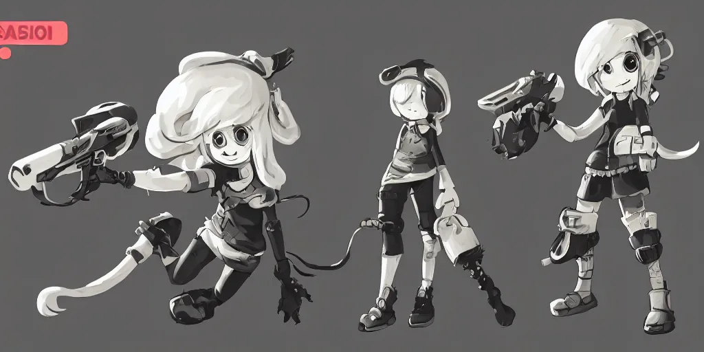 Image similar to splatoon nintendo one character digital painting no blur, concept art, character sheet nier automata 2 d, yoji shinkawa, yoshitaka amano, tsutomu niehi, cyberpunk, trending on artstation, featured on pixiv, hyper detail, cinematic composition, 8 k