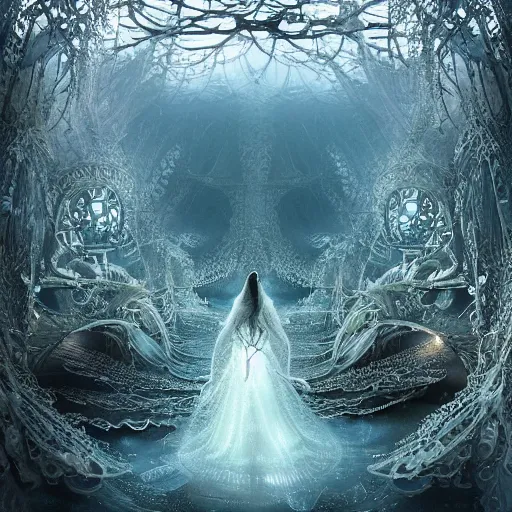 Prompt: under an white intricate like lace epic forest suspended in the air upside down, a white pool with intricate epic circles of water within floating female bio - robots, dressed in intricate veils and jewels, and an intricate mythological underwater city, epic environment, matte painting, diffused lighting, highly detailed, cinematic, epic atmosphere, digital art, trending on artstation, wide angle