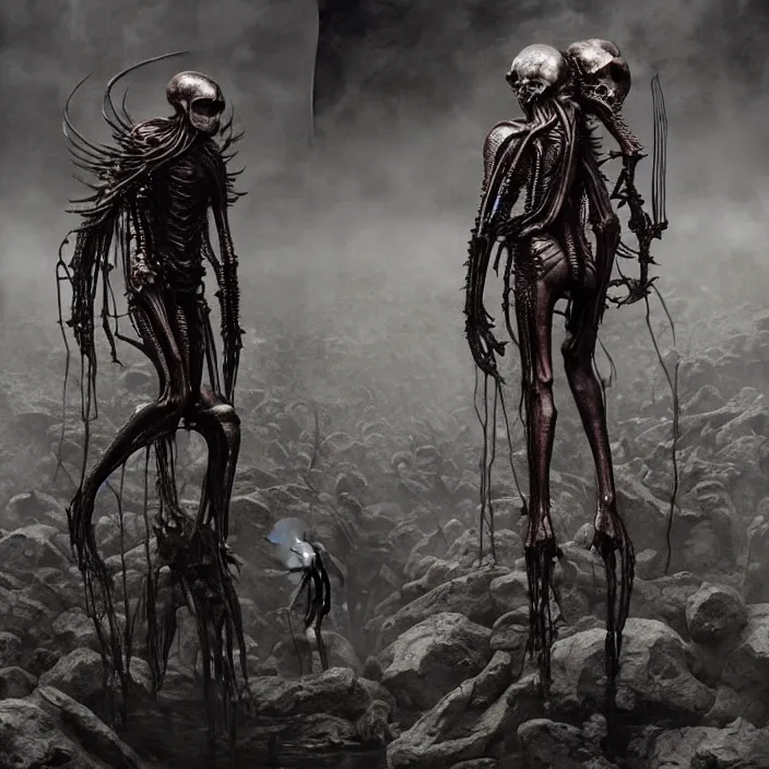 Image similar to still frame from Prometheus by Jakub Rozalski, Ossiarch Bonereaper by Wayne Barlowe by peter Mohrbacher by Giger, dressed by Alexander McQueen and by Neri Oxman, metal couture hate couture editorial