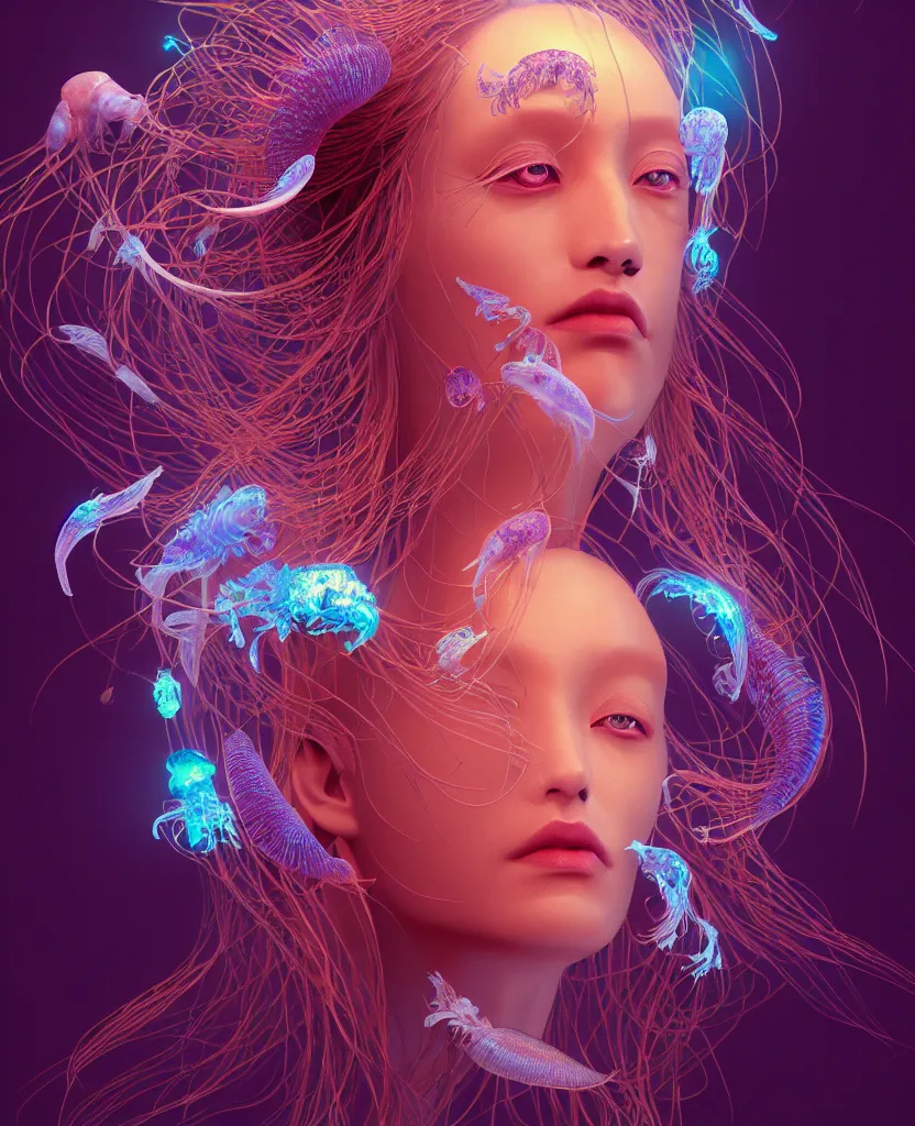 Image similar to goddess close-up portrait. orchid jellyfish phoenix head, nautilus, skull, betta fish, bioluminiscent creatures, intricate artwork by Tooth Wu and wlop and beeple. octane render, trending on artstation, greg rutkowski very coherent symmetrical artwork. cinematic, hyper realism, high detail, octane render, 8k