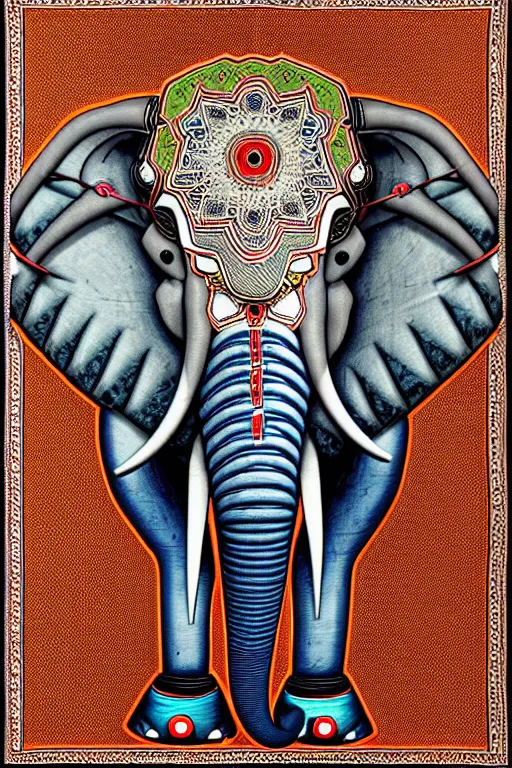 Image similar to a centered portrait of a robotic elephant headed biomechanical creature by clogtwo and subjekt zero. intricate detailed sharp clean textured very ornated. indian tapestry style. lowbrow color palette