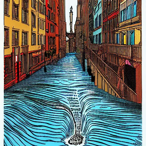 Prompt: water flowing through the streets in brooklyn, color, front view, drawing by moebius