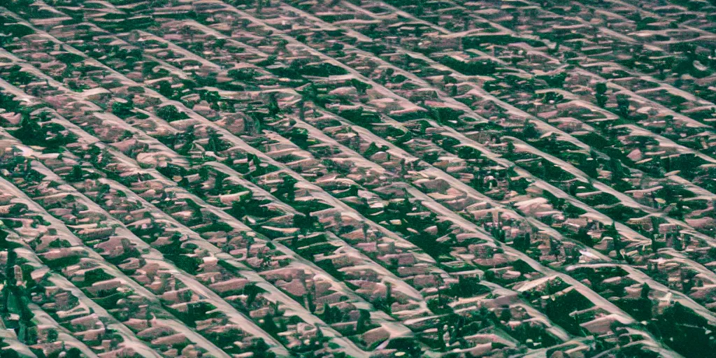 Image similar to endless suburbs, film still from the truman show, aerial isometric