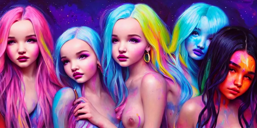 Prompt: dove cameron and madison beer and bella poarch are three beautiful raver girls in the dark, rolling on ecstasy, peaking on pure molly, dilated pupils and covered in florescent paint, highly detailed, digital painting, dramatic lighting, artstation, concept art, matte, sharp focus, illustration, art by artgerm and ross tran and thomas kincade