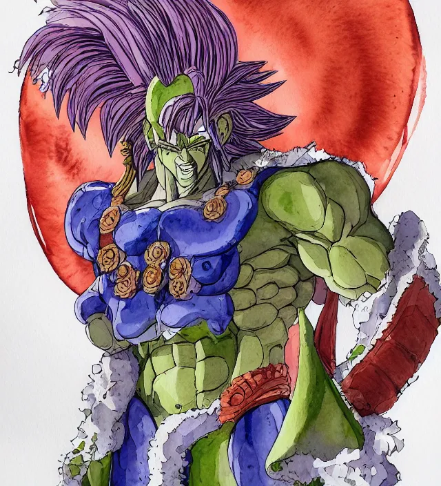 Image similar to a 3 / 4 view watercolor ink painting of broly as the god of war in the style of jean giraud in the style of moebius trending on artstation deviantart pinterest detailed realistic hd 8 k high resolution