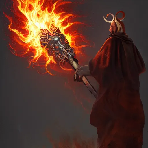 Prompt: ram horned catholic monk brings fire down from the sky, medieval style, trending on artstation, highly detailed, digital painting, volumetric light, concept art, sharp focus, illustration