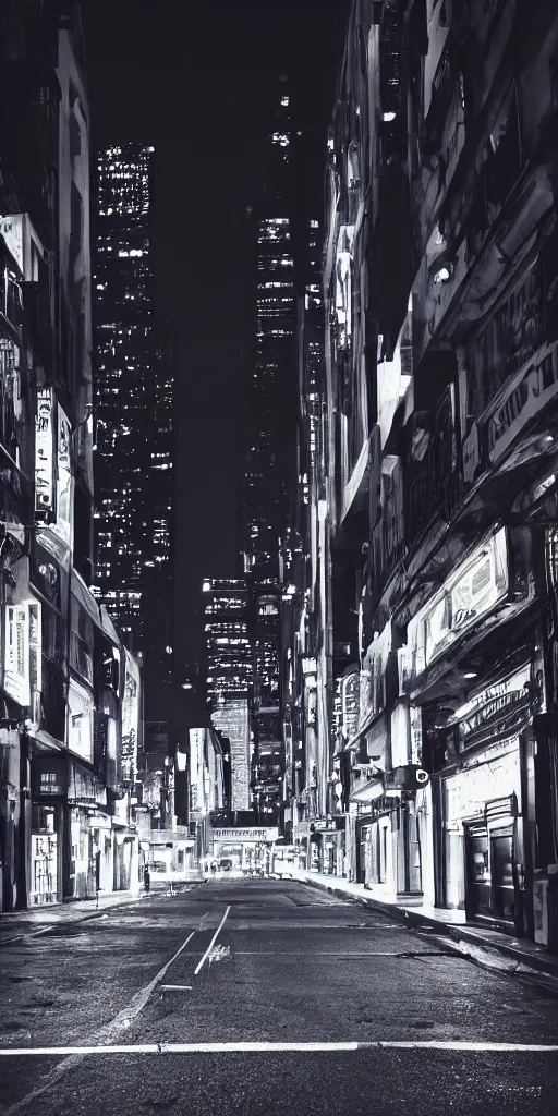 Image similar to street view of a dark cyber noir city, night, photoreal 35mm 8k photography