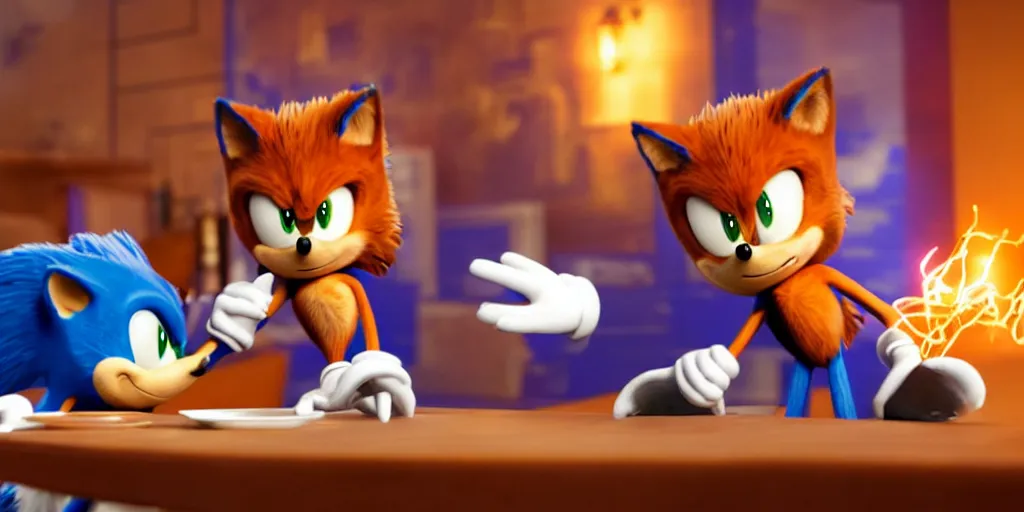 Image similar to A render of Sonic the Hedgehog sitting across from Tails the Fox in a dark restaurant, Sonic looks like he is shocked, Tails is looking away in disgust, they both have spaghetti in front of them on a plate, movie, HDR, moody lighting, unique camera angle from the end of the table and between the two of them, orange candle lighting is glowing on their faces, romantic scene