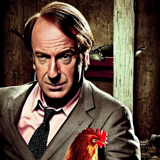 Image similar to saul goodman and a rooster in a saw movie torture chamber, horror movie background, saul goodman, rooster, photo