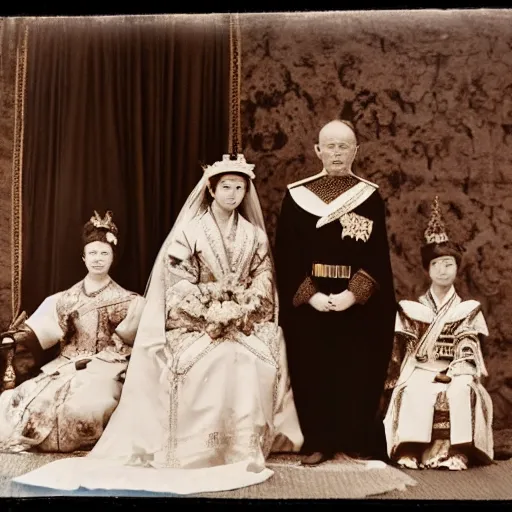 Image similar to An extreme closeup shot, colored black and white Russian and Japanese mix historical fantasy photographic portrait of a Royal wedding of the empress and emperor curtsying to the Priestess and Priest, golden hour, warm lighting, 1907 photo from the official wedding photographer for the royal wedding.