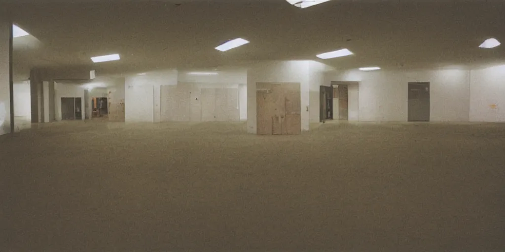 Image similar to a weird place full of people but now empty with eerie feeling, disposable colored camera, camera flash, house, mall, hallway, playground, office, pool, interior, room, full of things