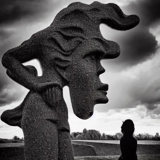 Image similar to by ossip zadkine, by kengo kuma mournful, hyperdetailed. a land art of a woman standing in a field of ashes, her dress billowing in the wind. her hair is wild & her eyes are closed, in a trance - like state. dark & atmospheric, ashes seem to be alive, swirling around.