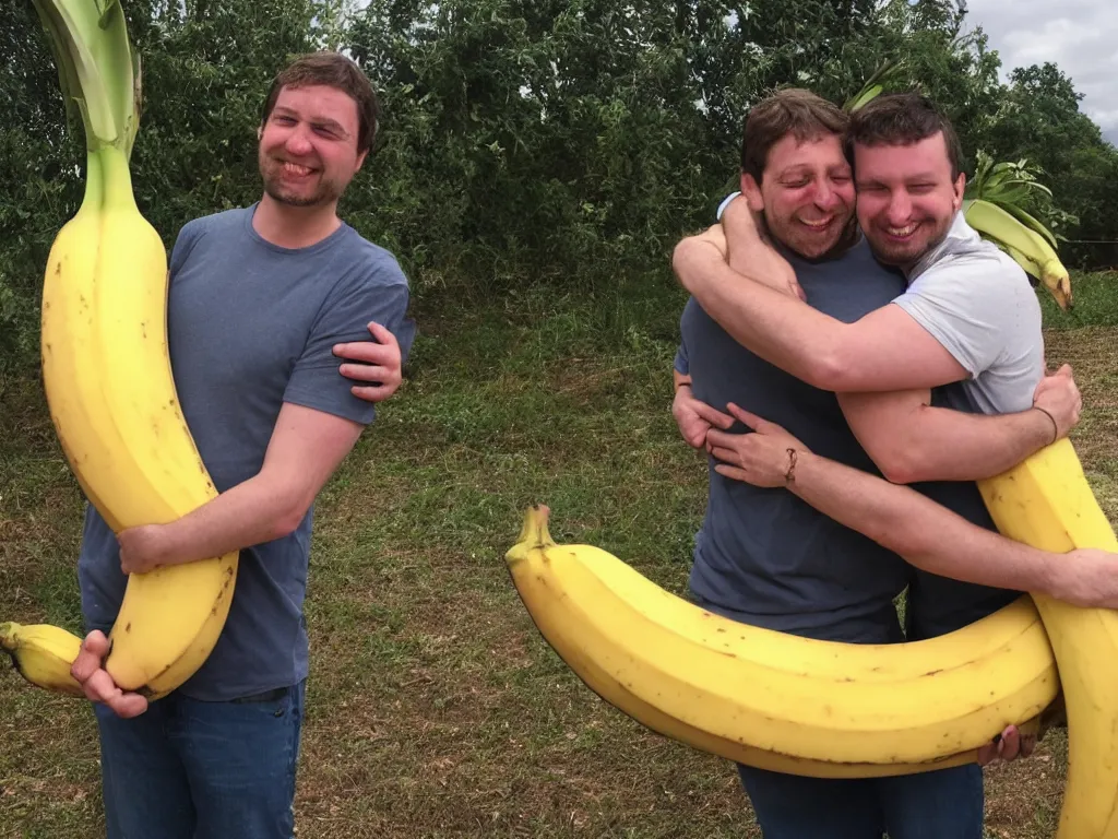 Image similar to a photograph of michael balzary hugging a big banana