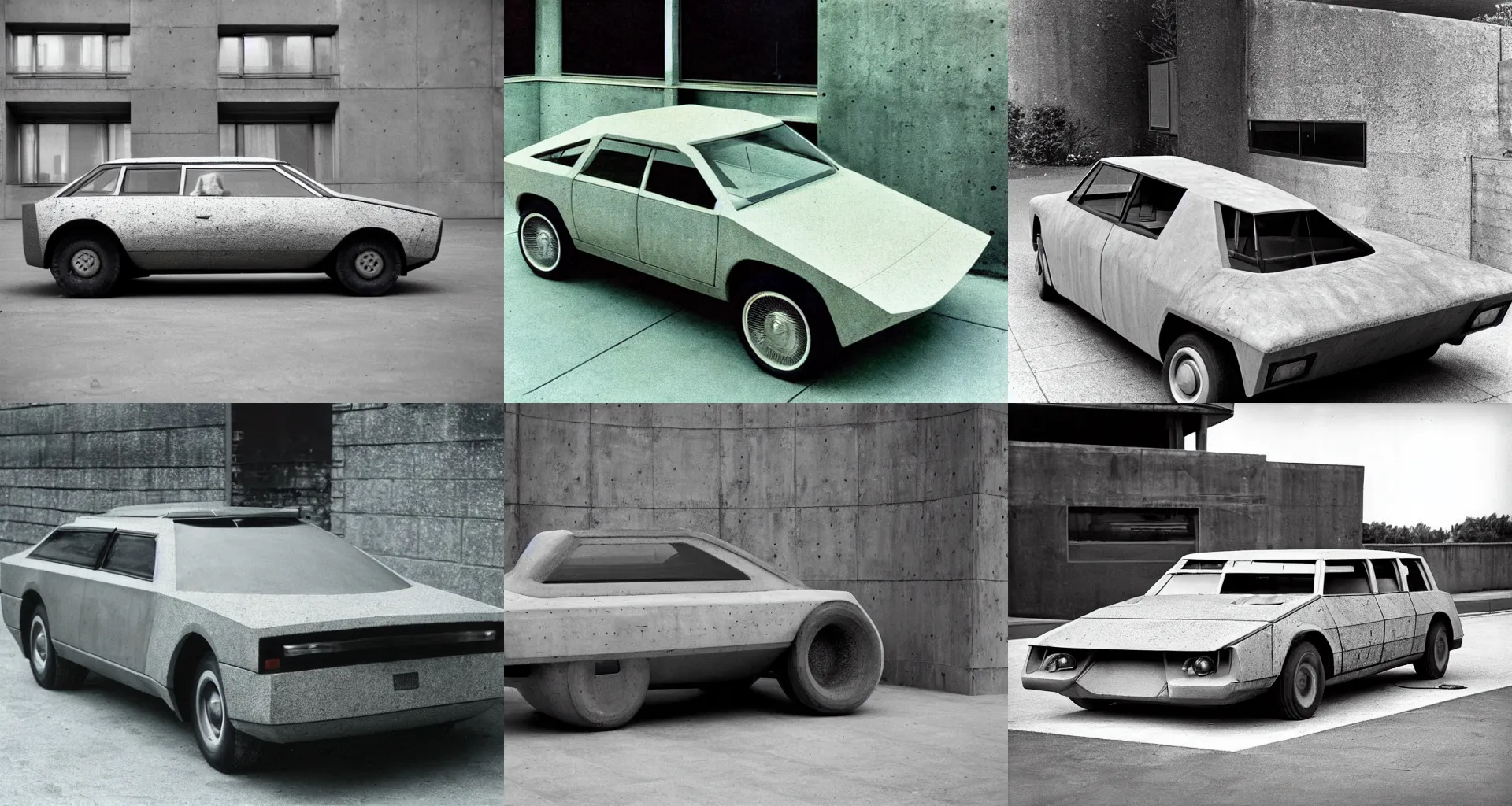 Prompt: brutalist car made of concrete, 1970s