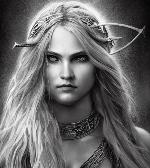 Image similar to portrait of beautiful aphrodite goddess as an archer warrior, arrow, beautiful piercing eyes, flowing blonde hair, realistic face, black and white drawing, in the style of greg rutkowski, fantasy, amazing detail, epic, intricate, elegant, smooth, sharp focus